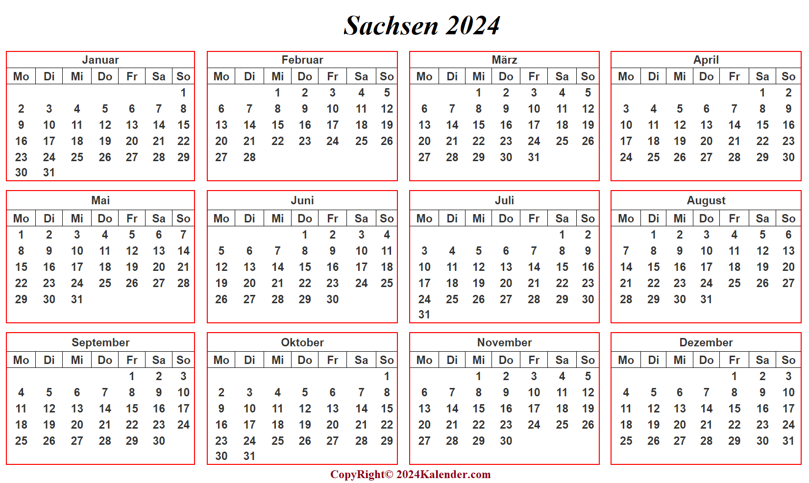 Sommerferien 2024 Sachsen Kalender