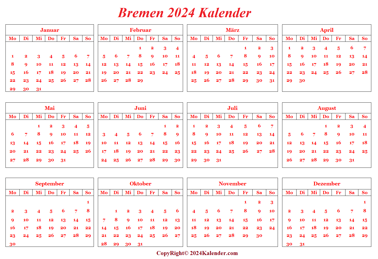 Kalender Bremen 2024 Zum Ausdrucken