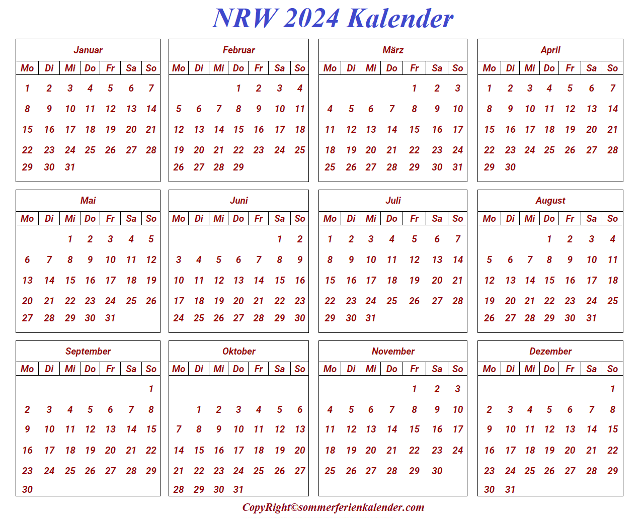 Kalender NRW 2024 Zum Ausdrucken