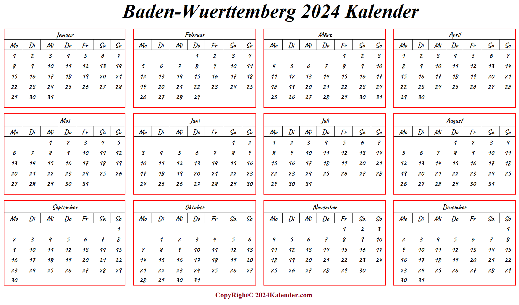 Kalender Baden-Wuerttemberg 2024 Zum Ausdrucken