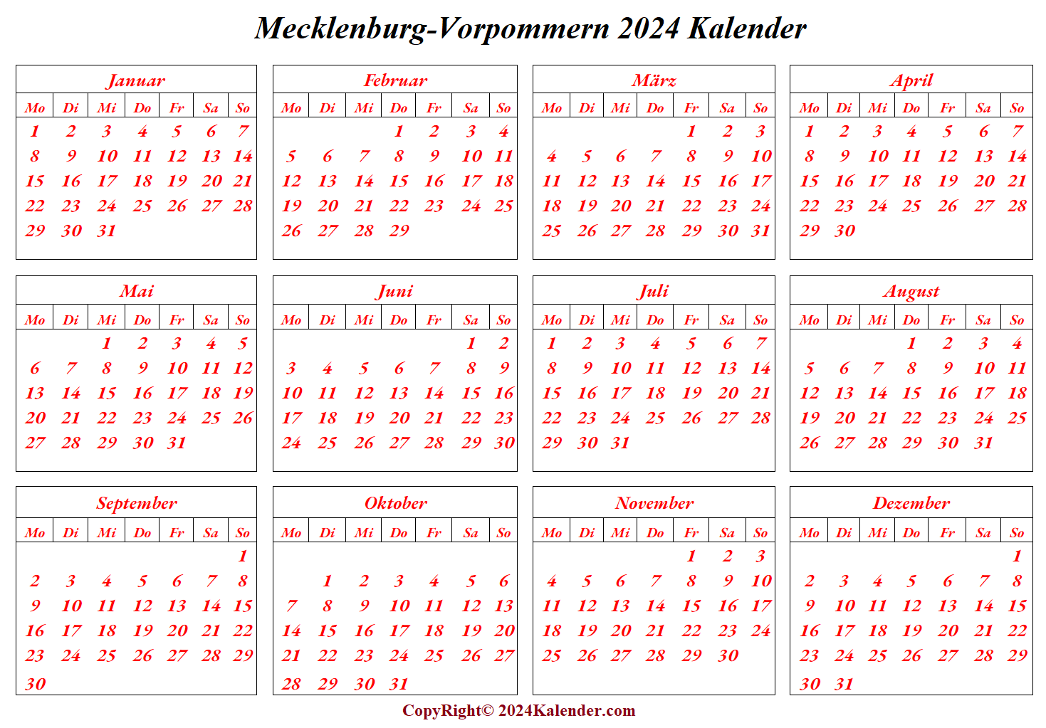 Sommerferien 2024 Mecklenburg-Vorpommern Kalender