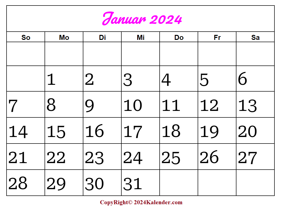 Januar 2024 Kalender Zum Ausdrucken