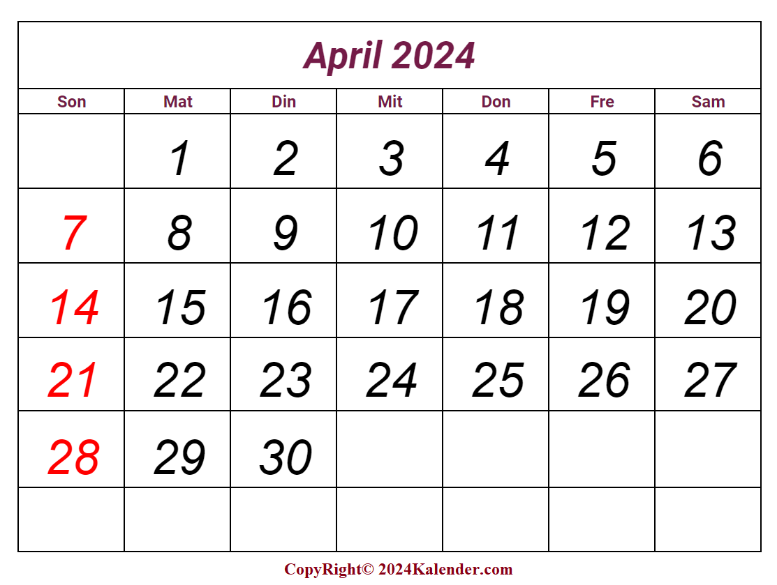 Kalender April 2024 Vorlage