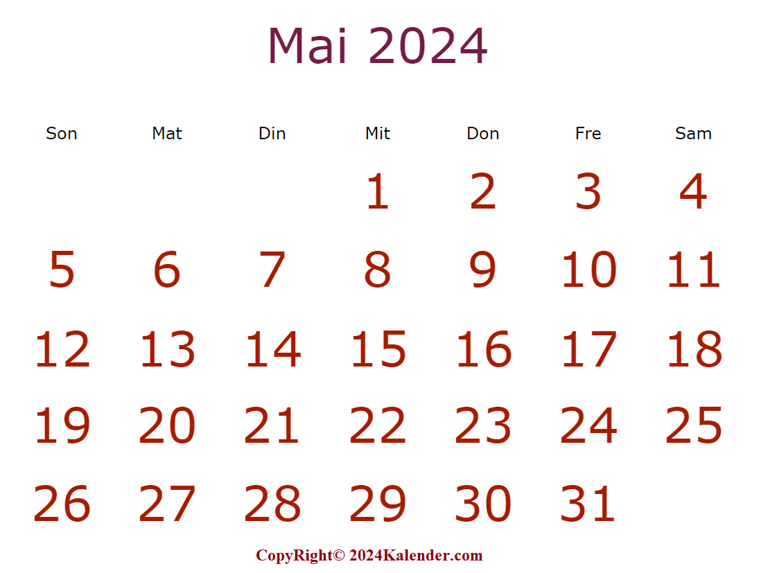 Kalender Mai 2024 Vorlage