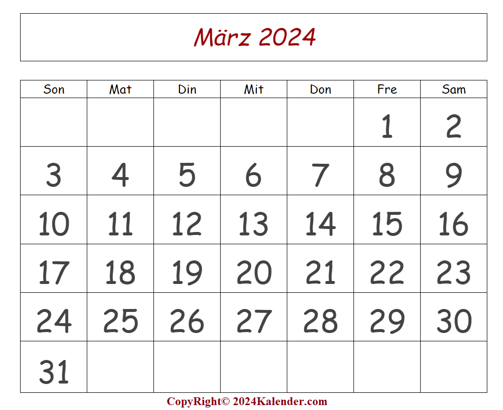 Kalender März 2024 Drucken
