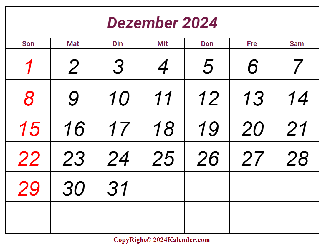Dezember 2024 Kalender Vorlage